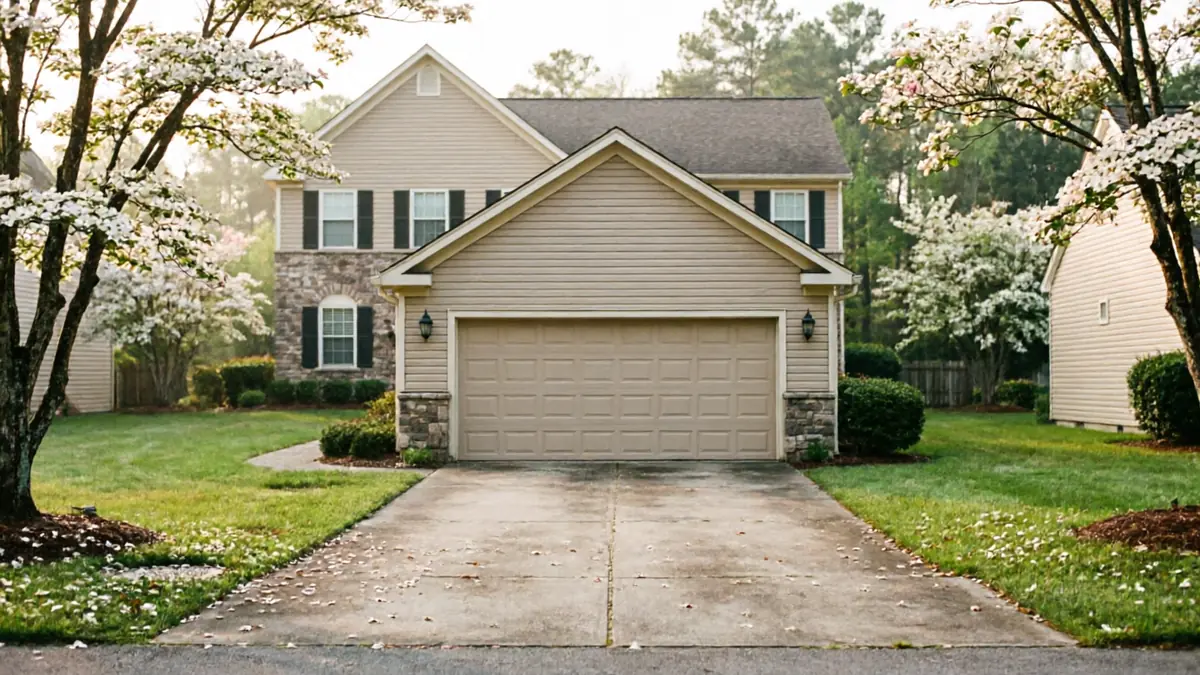 A beige house with a two-car garage and a driveway, surrounded by green grass and flowering trees.