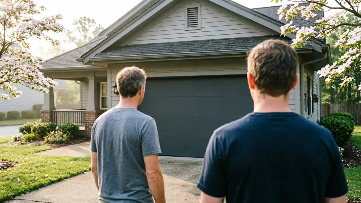 Two men stand in a driveway looking at a closed gray garage door.