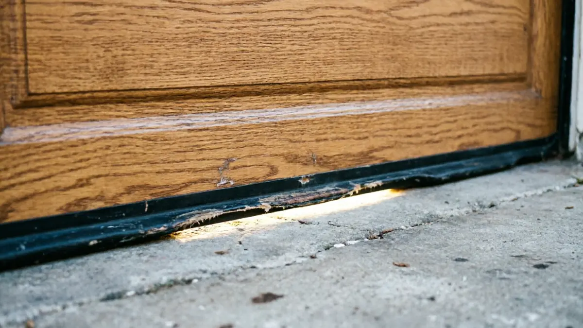 The bottom of a wooden garage door with a damaged weather seal and light showing through.