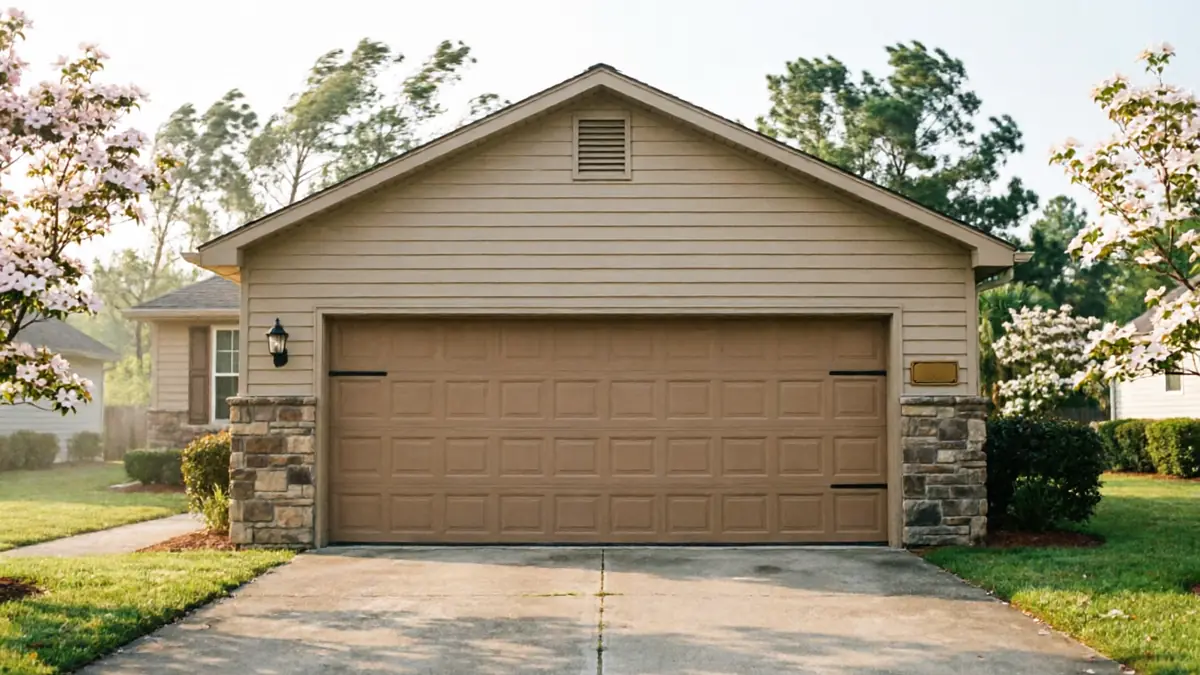 A brown garage door with square panels on a tan house with stone accents.