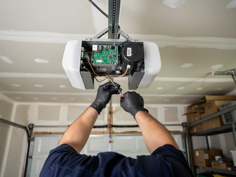 A technician in black gloves repairs an open garage door opener with a screwdriver.