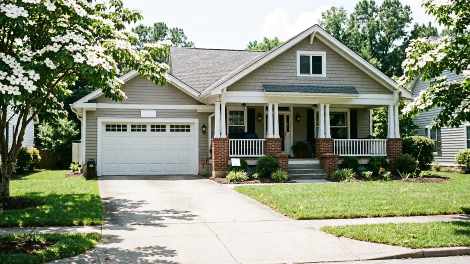 A house with a white garage door, a porch, and a green lawn.